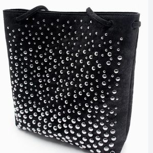 Zara Black Suede Studded Bucket Tote with Silver Rivets